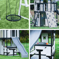 Backyard Discovery Canyon Creek Cedar Wood Swing Set with Wave Slide. Clubhouse. Play Kitchen. Picnic Area. Belt Swings. Web Swing. Rock Wall. Balconies. Playhouse. Step Ladder. Outdoor Playset