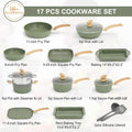 Kitchen Academy 17 Pieces Induction Cookware Set with Griddle, Green Granite Pots and Pans Set Non Stick, Healthy Nonstick Cooking Pans Set