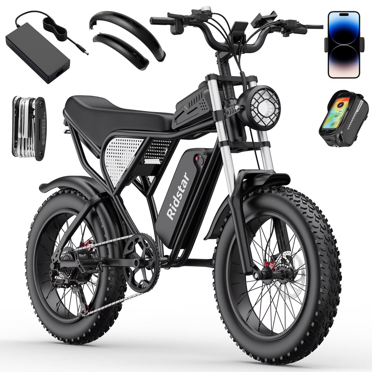 Ridstar 1500W Electric Bike for Adults, 33MPH 48V 20ah Electric Bicycle, 20" Fat Tire Full Suspension Mountain Bike UL2849