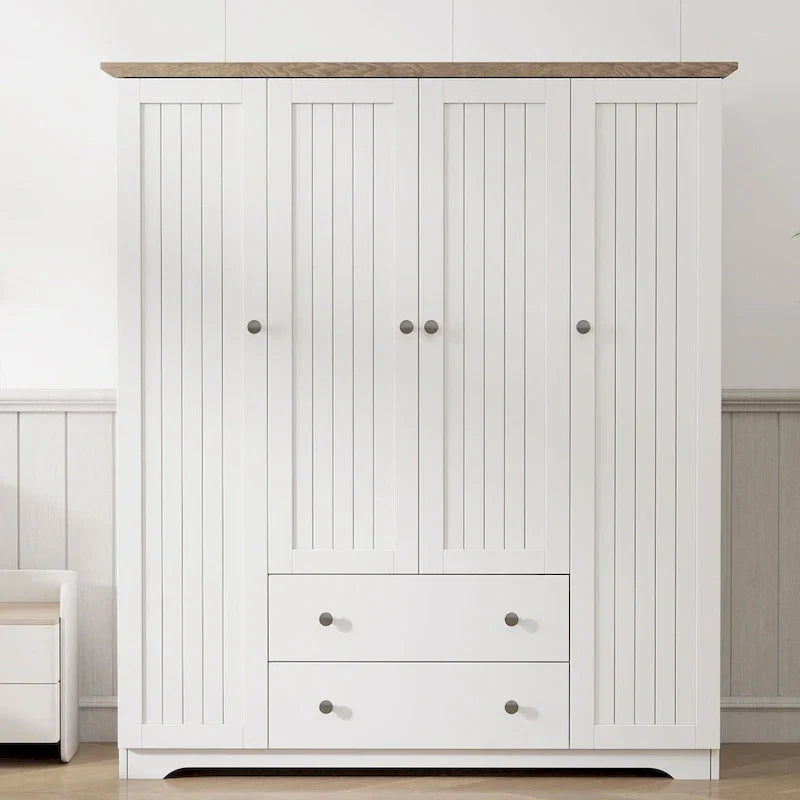 Freestanding 4-Door Wardrobe Armoire with 2 Drawers and Hanging Rods for Clothes Storage
