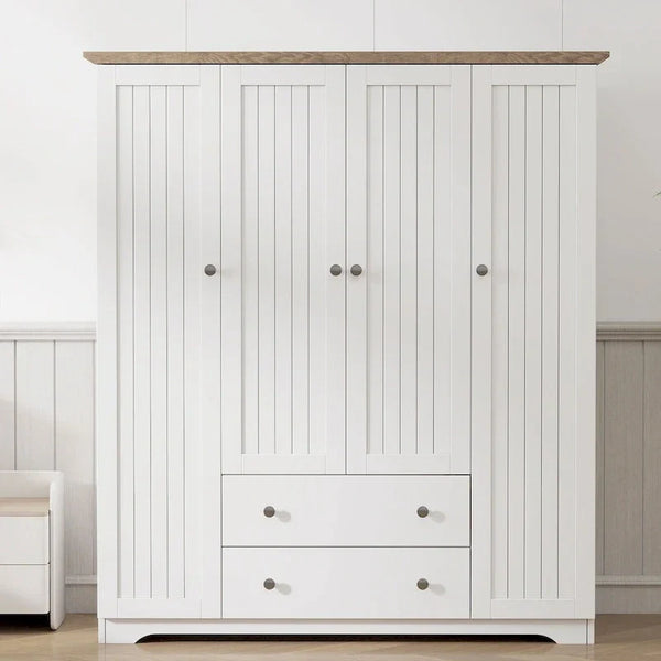 Freestanding 4-Door Wardrobe Armoire with 2 Drawers and Hanging Rods for Clothes Storage