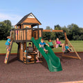 Backyard Discovery Canyon Creek Cedar Wood Swing Set with Wave Slide. Clubhouse. Play Kitchen. Picnic Area. Belt Swings. Web Swing. Rock Wall. Balconies. Playhouse. Step Ladder. Outdoor Playset - White