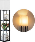 Modern Iron Shelf Floor Lamp with 3 - Way Dimmable LED Bulb, Shelves and White Shade for Living Room and Bedroom(Black)