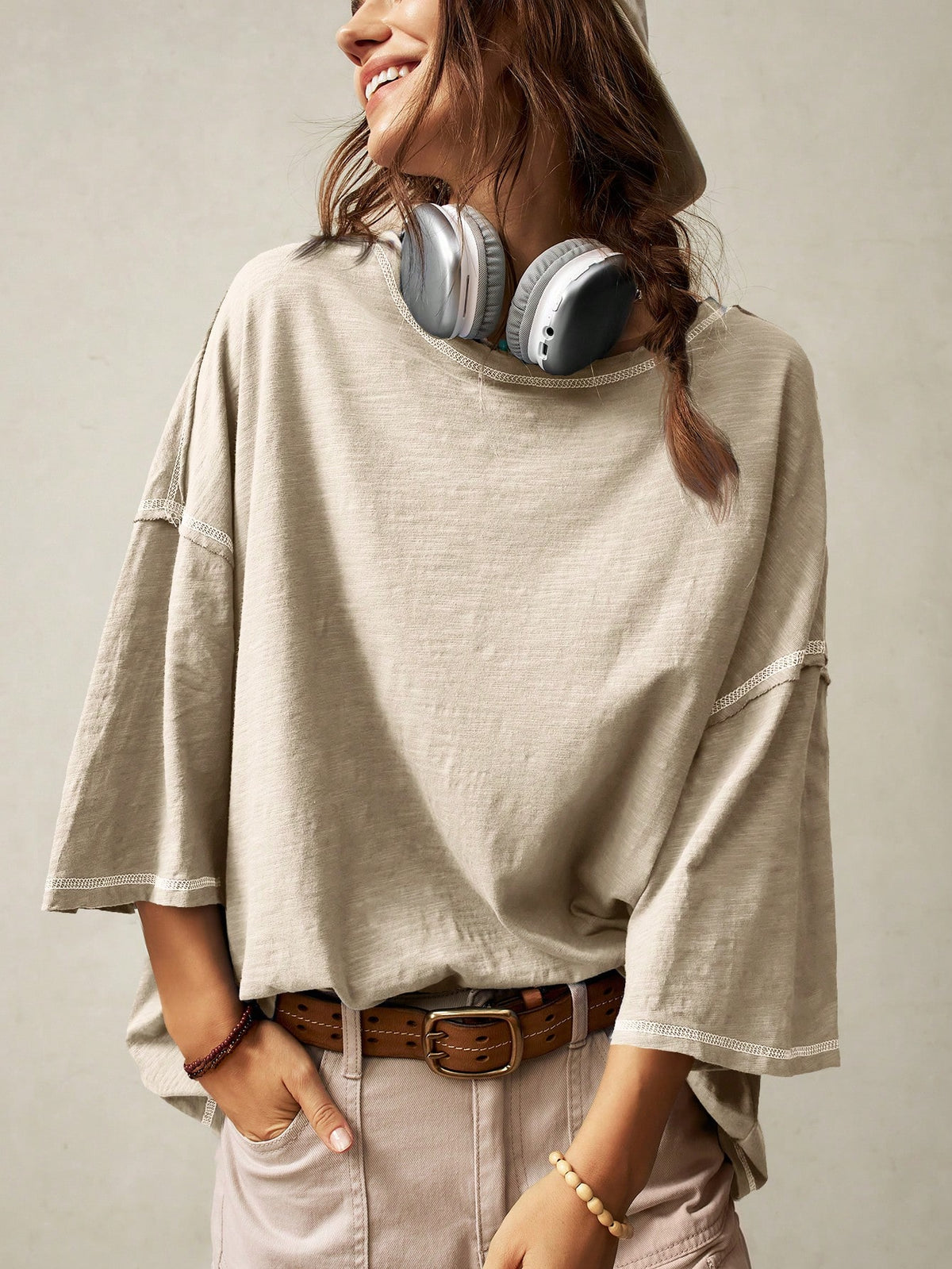 Bohemela Casual Solid Color Knit Round Neck 3/4 Sleeve Loose Washed T-Shirt Boho