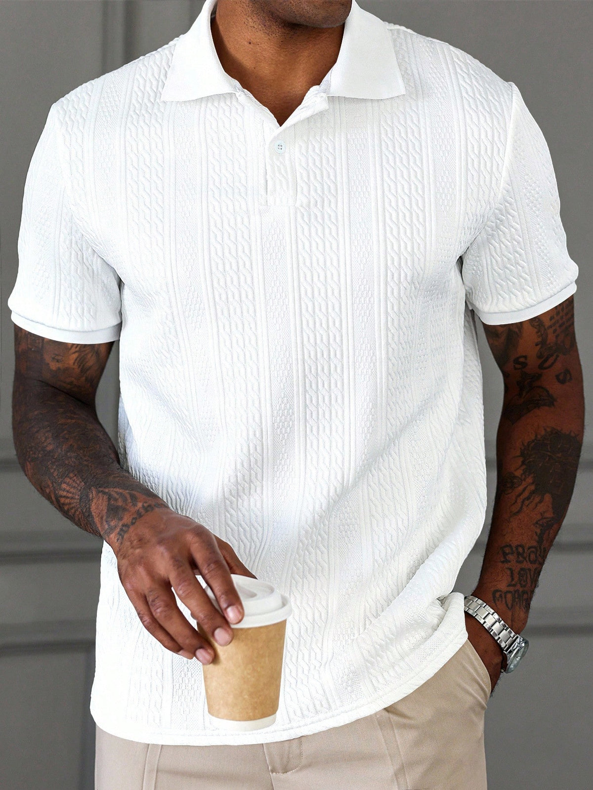 HUEFORM Men's White Geometric Striped Textured Casual Polo Shirt Polos For Men Men Clothes Men Polo Shirts Polo Shirts For Men Collar Polo T Shirt Men