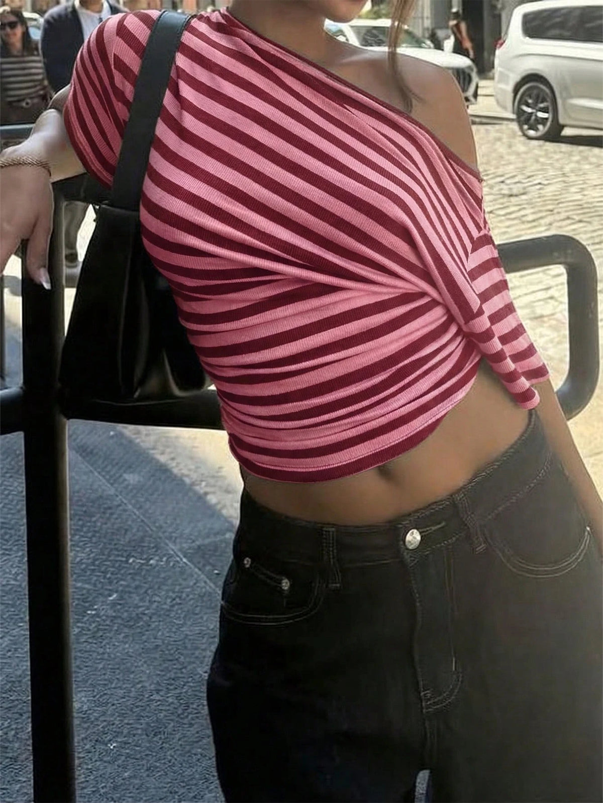 New Stylish Elegant Striped Asymmetrical Shoulder Short Sleeve T-Shirt With Waist Ruching, Suitable For Daily, Beach, Campus, Vacation, Street Casual Summer