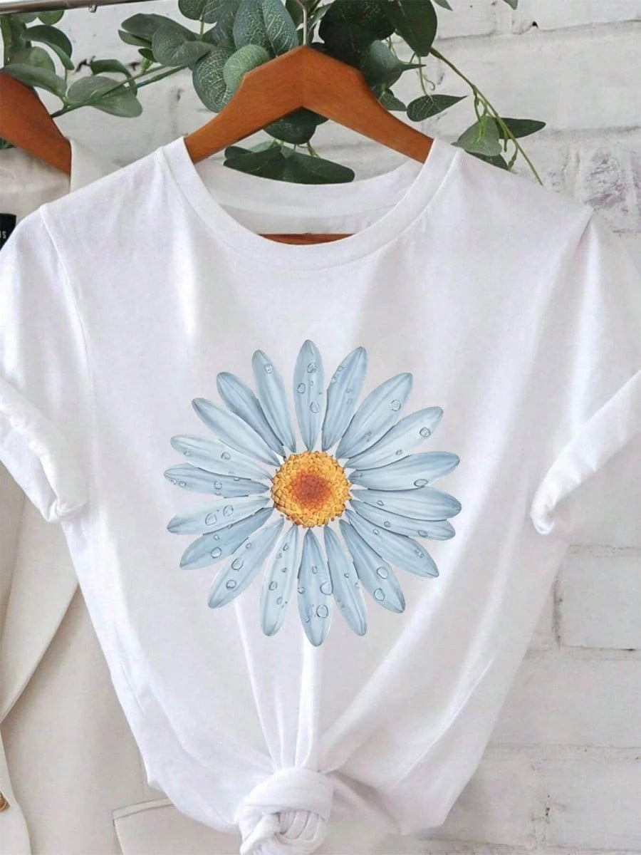 Women'S Casual Daisy Print T-Shirt | Short-Sleeved, Round-Neck, Lightweight And Breathable Summer Top, Bright Blue And White Design, Must-Have For Spring And Summer, Floral Print Shirt Anti-Wrinkle Cotton T-Shirt