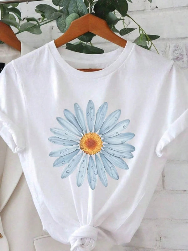 Women'S Casual Daisy Print T-Shirt | Short-Sleeved, Round-Neck, Lightweight And Breathable Summer Top, Bright Blue And White Design, Must-Have For Spring And Summer, Floral Print Shirt Anti-Wrinkle Cotton T-Shirt