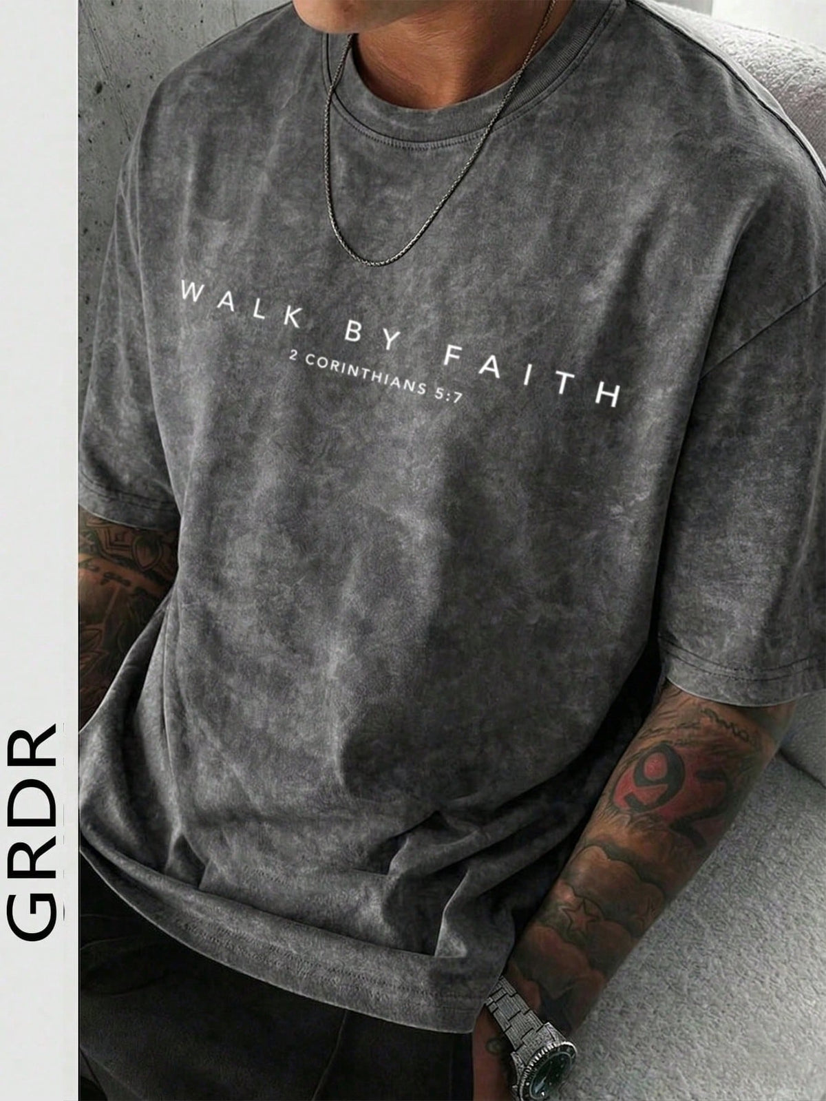 GRDR Men's Letter Print Washed Round Neck Short Sleeve T-Shirt, Comfortable & Breathable For Summer Wear