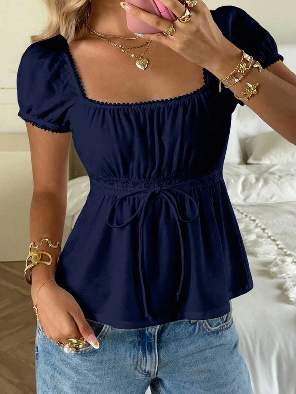 CovetEZ 95% Cotton Summer Square Neck Puff Sleeve Tie Front Tee, Navy Blue,Summer Top