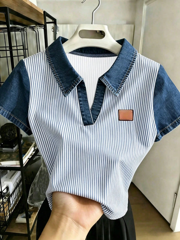 Resyla Women Blue And White Stripe Polo Collar Short-Sleeve Tops,Faux Denim Fashion T-Shirts,Summer Casual Back-To-School Striped Color-Blocked School Item