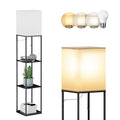 Modern Iron Shelf Floor Lamp with 3 Way Dimmable LED Bulb, Shelves and White Shade for Living Room and Bedroom(Black)