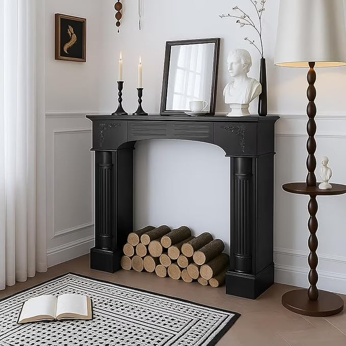 EPICOZY 43.3" Fireplace Mantel, Freestanding Fireplace Surround with Leg for Electric Fireplaces, MDF Mantel Surround with Shelf for Living Room with Decorative Pattern, Anti - Tipping & Waterproof