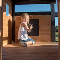 Backyard Discovery Canyon Creek Cedar Wood Swing Set with Wave Slide. Clubhouse. Play Kitchen. Picnic Area. Belt Swings. Web Swing. Rock Wall. Balconies. Playhouse. Step Ladder. Outdoor Playset