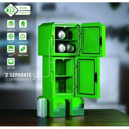 Minecraft 18053 Green Creeper Body 12 Can Mini Fridge 8L 2 Door Ambient Lighting 25.2" H 9.5" W 9.1" D