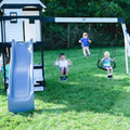 Backyard Discovery Canyon Creek Cedar Wood Swing Set with Wave Slide. Clubhouse. Play Kitchen. Picnic Area. Belt Swings. Web Swing. Rock Wall. Balconies. Playhouse. Step Ladder. Outdoor Playset
