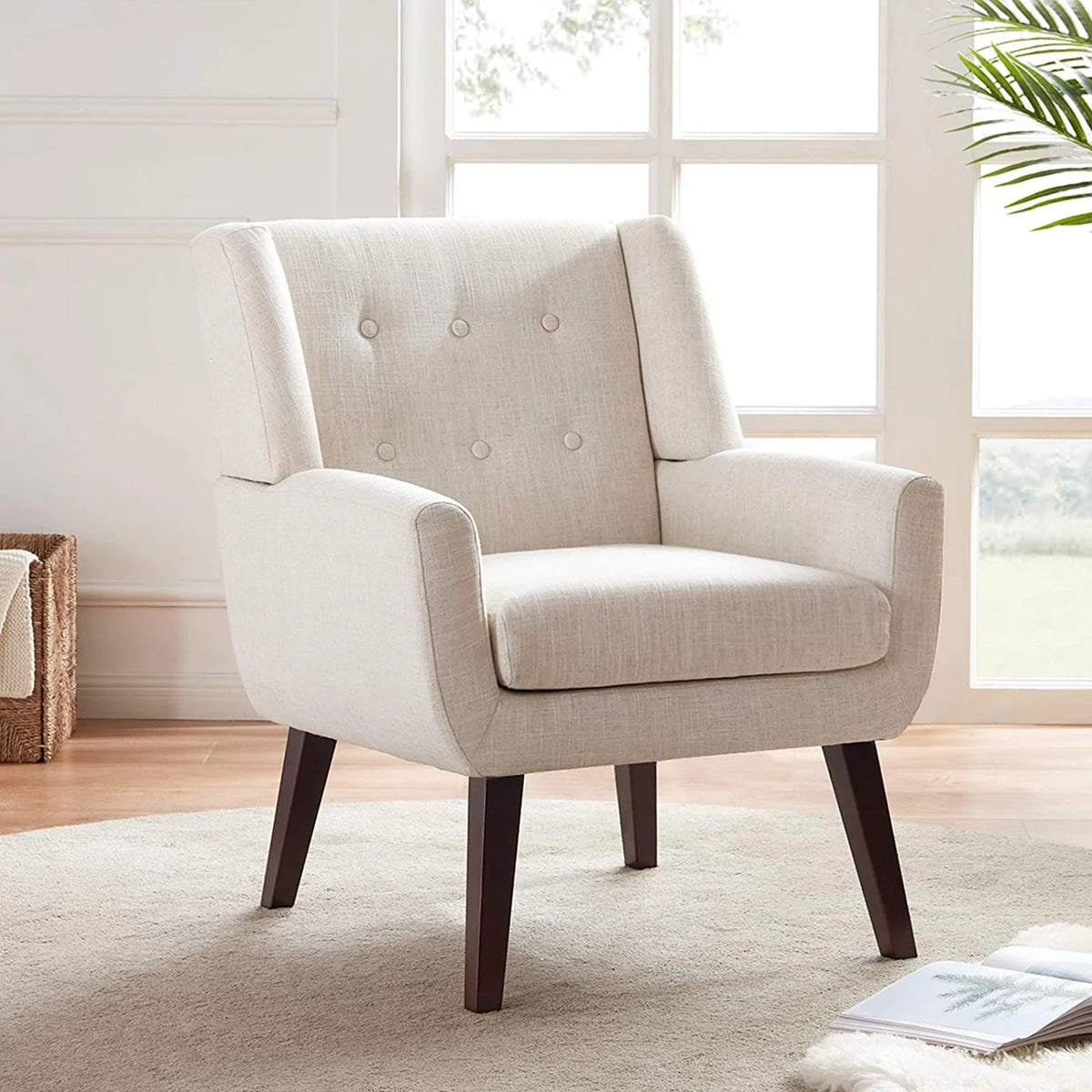 HUIMO Accent Chair, Button Tufted Upholstered Living Room Chairs, Mid Century Modern Comfy Reading Chairs for Bedroom, Living Room, Beige