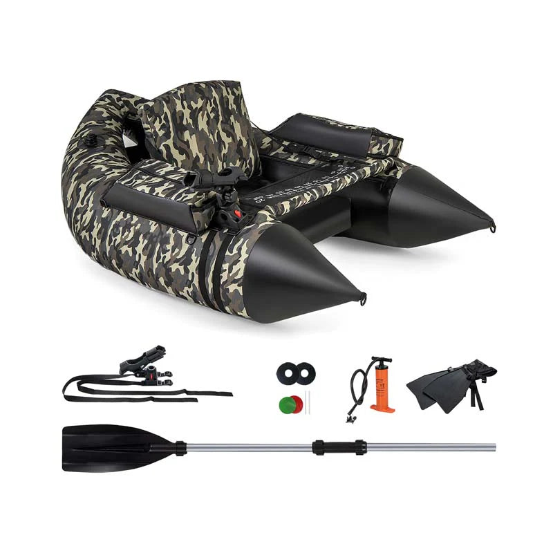 Inflatable Fishing Float Tube, 350 LBS Capacity Belly Boat with Paddle, Flippers, Rod Holder, Fish Ruler, Pump, Storage Bag & Adjustable Straps