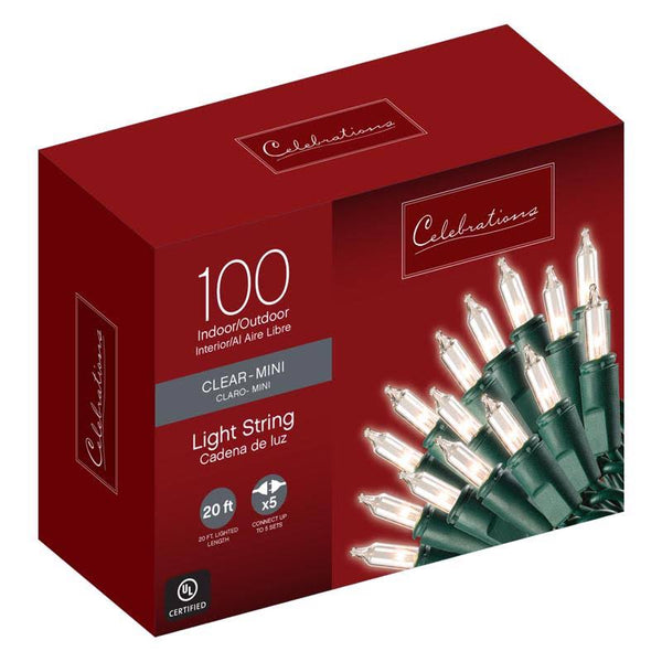 Celebrations Indoor/Outdoor Mini Lights, 100 Bulbs, Clear with Green Wire, 22.5'
