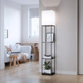 Modern Iron Shelf Floor Lamp with 3 - Way Dimmable LED Bulb, Shelves and White Shade for Living Room and Bedroom(Black)