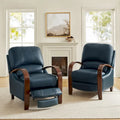 Set of 2 Alex Mid-Century Modern Genuine Leather Manual Recliners with Curved Wooden Arms