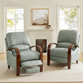 Set of 2 Alex Mid-Century Modern Genuine Leather Manual Recliners with Curved Wooden Arms