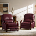 Set of 2 Alex Mid-Century Modern Genuine Leather Manual Recliners with Curved Wooden Arms