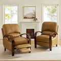 Set of 2 Alex Mid-Century Modern Genuine Leather Manual Recliners with Curved Wooden Arms