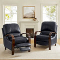 Set of 2 Alex Mid-Century Modern Genuine Leather Manual Recliners with Curved Wooden Arms