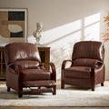 Set of 2 Alex Mid-Century Modern Genuine Leather Manual Recliners with Curved Wooden Arms