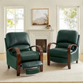 Set of 2 Alex Mid-Century Modern Genuine Leather Manual Recliners with Curved Wooden Arms