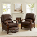 Set of 2 Alex Mid-Century Modern Genuine Leather Manual Recliners with Curved Wooden Arms