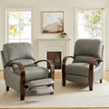 Set of 2 Alex Mid-Century Modern Genuine Leather Manual Recliners with Curved Wooden Arms