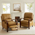 Set of 2 Alex Mid-Century Modern Genuine Leather Manual Recliners with Curved Wooden Arms