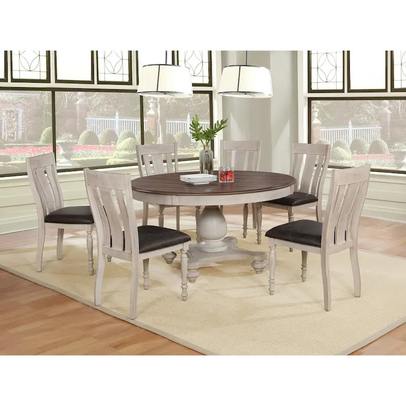 Roundhill Furniture 5-Piece Dining Set: Round Weathered Oak Table with 4 Chairs