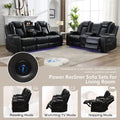 Black Power Reclining Sofa with Wireless Charger, Reading Light, Faux Leather, LED Lighting, AC/USB Ports, and Cup Holder for Living Room
