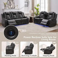 Black Power Reclining Sofa with Wireless Charger, Reading Light, Faux Leather, LED Lighting, AC/USB Ports, and Cup Holder for Living Room
