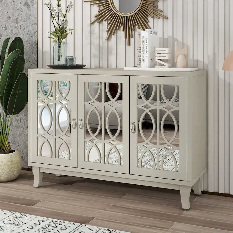Mirrored Buffet Cabinet with Glass Doors and Silver Handles - 3-Door Sideboard for Living Room, Hallway, and Dining Room