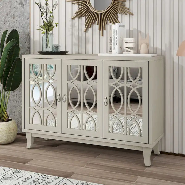 Mirrored Buffet Cabinet with Glass Doors and Silver Handles - 3-Door Sideboard for Living Room, Hallway, and Dining Room