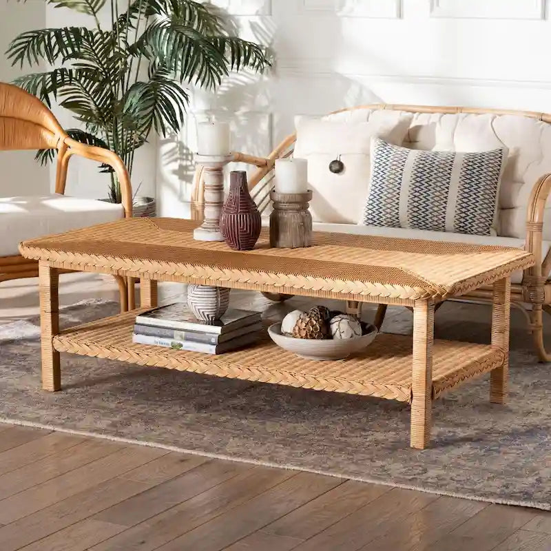 Minahasa Bohemian Braided Rattan Coffee Table in Light Honey