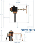Backyard Discovery Canyon Creek Cedar Wood Swing Set with Wave Slide. Clubhouse. Play Kitchen. Picnic Area. Belt Swings. Web Swing. Rock Wall. Balconies. Playhouse. Step Ladder. Outdoor Playset