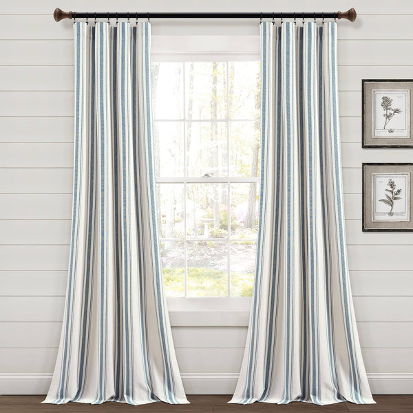 Lush Decor Farmhouse Stripe Yarn Dyed Cotton Window Curtain Panel Pair - 84" x 42" - Blue