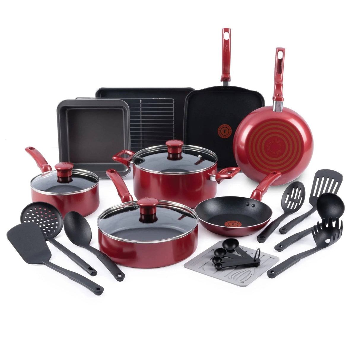 T-Fal B496SLDI Kitchen Solutions 21pc Cookware Set, Red