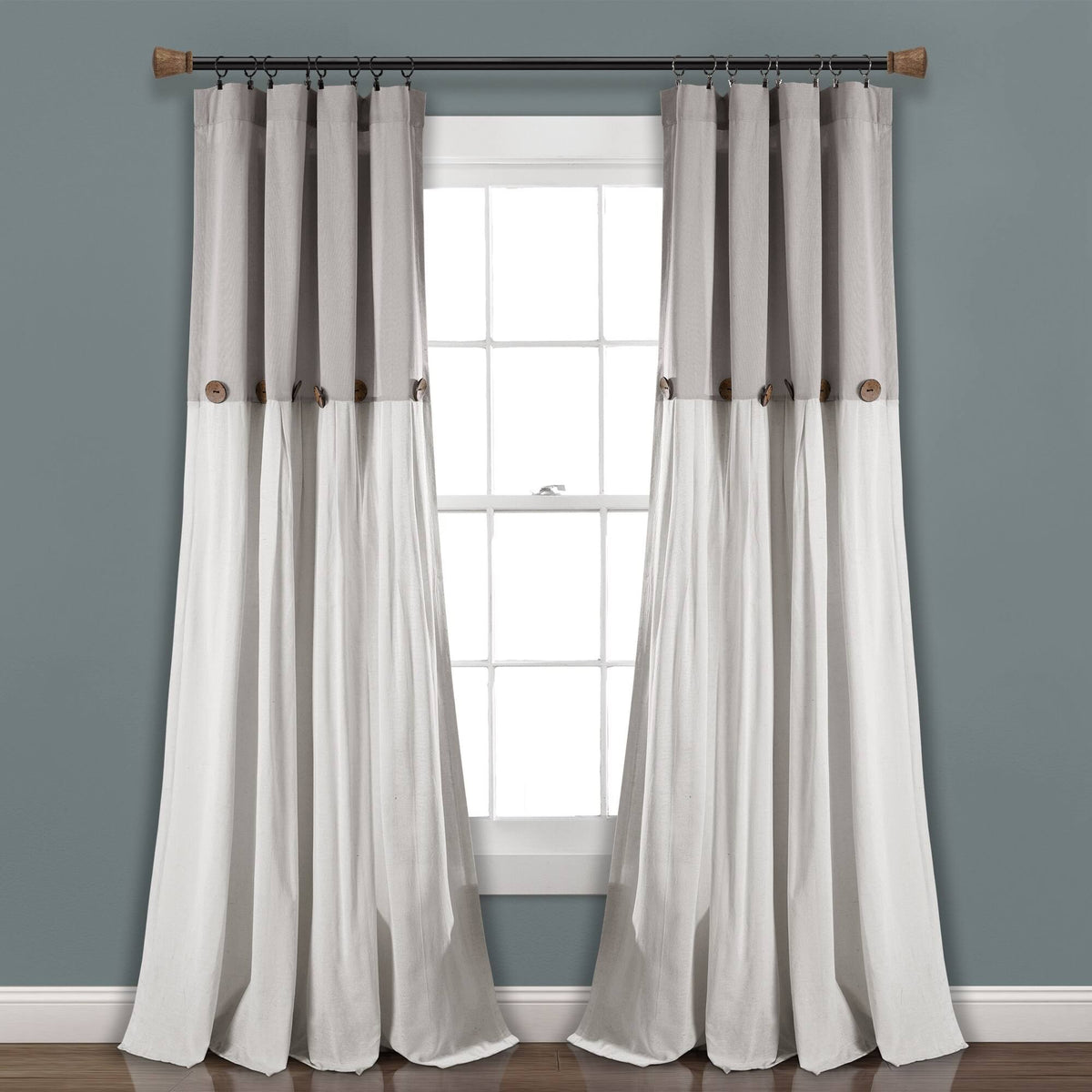 Lush Decor Linen Button Window Curtain Panel - 84", Single, Gray/White