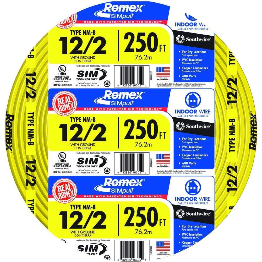 Southwire Romex SIMpull 250 - ft 12/2 Non - Metallic Wire (By - the - Roll)(250 Feet)
