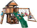 Backyard Discovery Canyon Creek Cedar Wood Swing Set with Wave Slide. Clubhouse. Play Kitchen. Picnic Area. Belt Swings. Web Swing. Rock Wall. Balconies. Playhouse. Step Ladder. Outdoor Playset