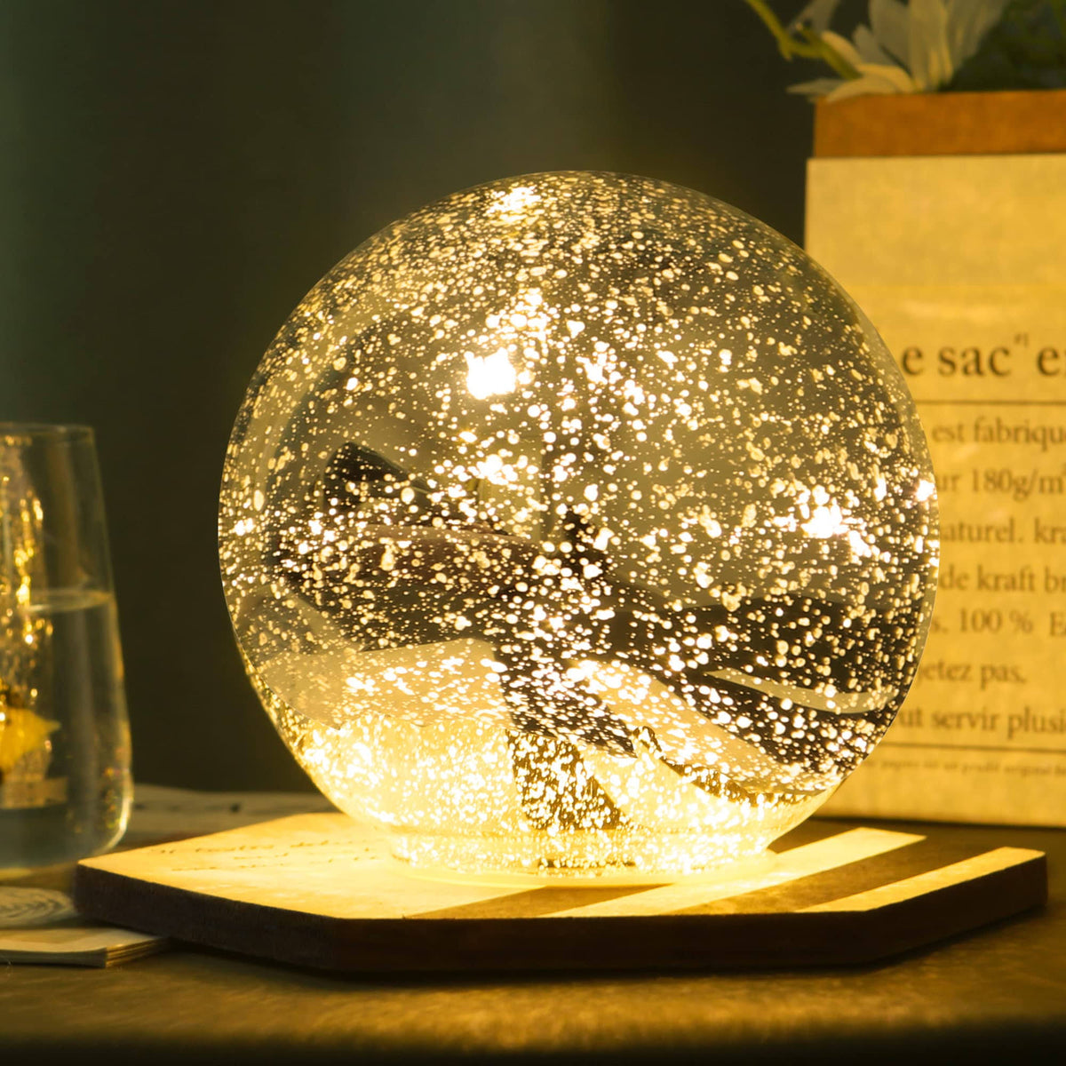 Lighted Mercury Glass Ball Table Lamp, Silver Cordless Glass Orb Christmas Decor Ball LED Light Globe, Modern Light Up Battery Operated Sphere Glass