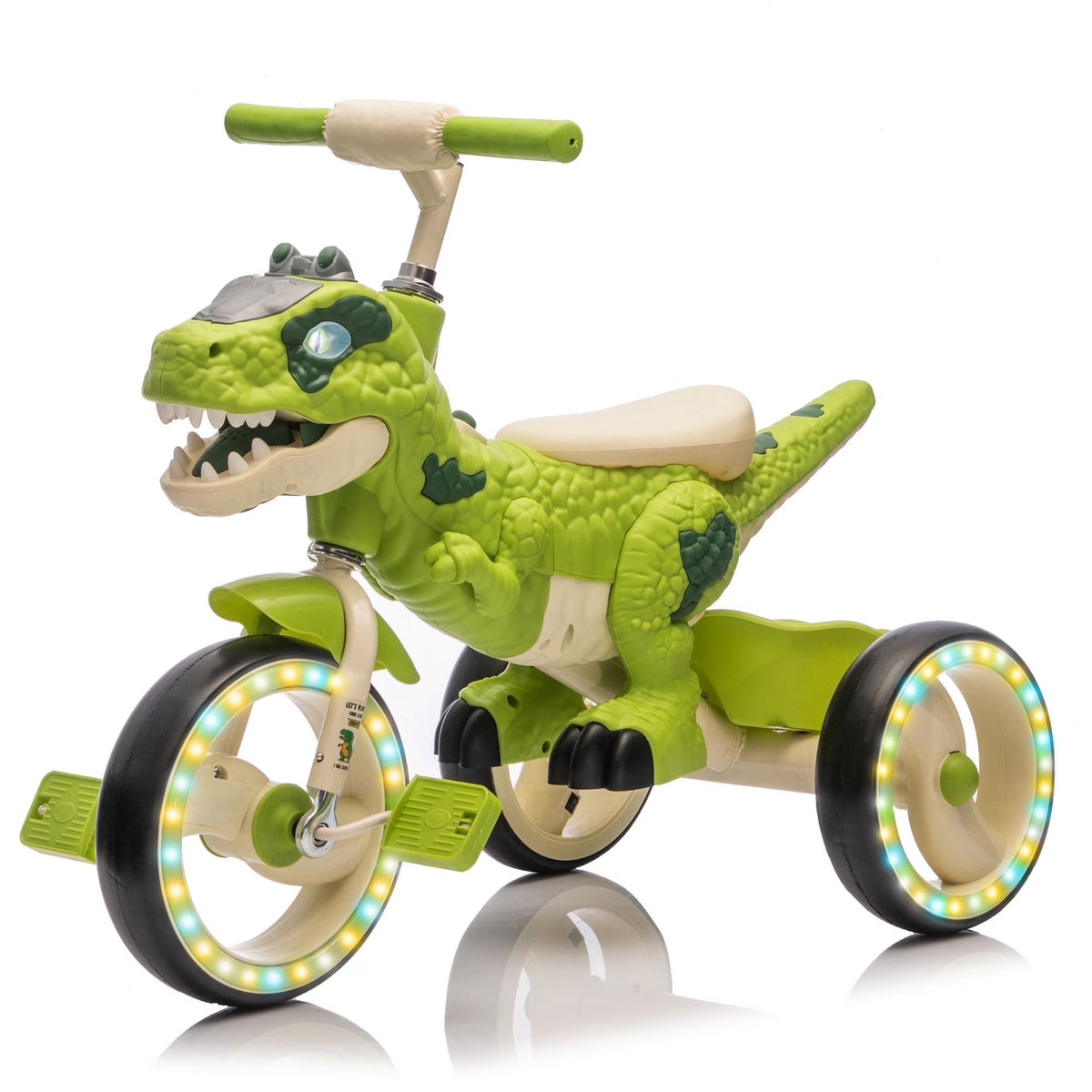 Xuanlur Kids Ride on Dinosaur Tricycle, Toddlers Kid Trike with Wide Flash Wheels, Anti - Slip Pedals, Rear Basket, Music & LED Lights, Toddler Bike Toys Gift for 3 - 6 Year Old Boys & Girls (Green)