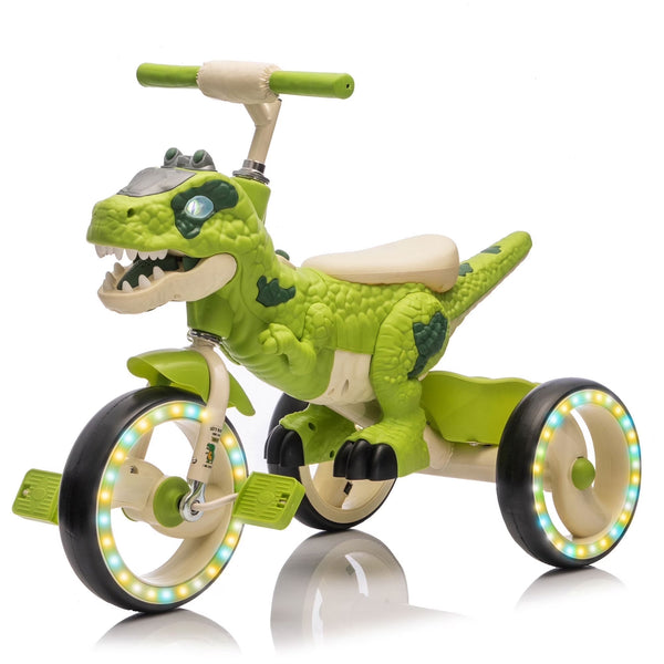 Xuanlur Kids Ride on Dinosaur Tricycle, Toddlers Kid Trike with Wide Flash Wheels, Anti - Slip Pedals, Rear Basket, Music & LED Lights, Toddler Bike Toys Gift for 3 - 6 Year Old Boys & Girls (Green)