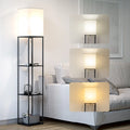 Modern Iron Shelf Floor Lamp with 3 - Way Dimmable LED Bulb, Shelves and White Shade for Living Room and Bedroom(Black)